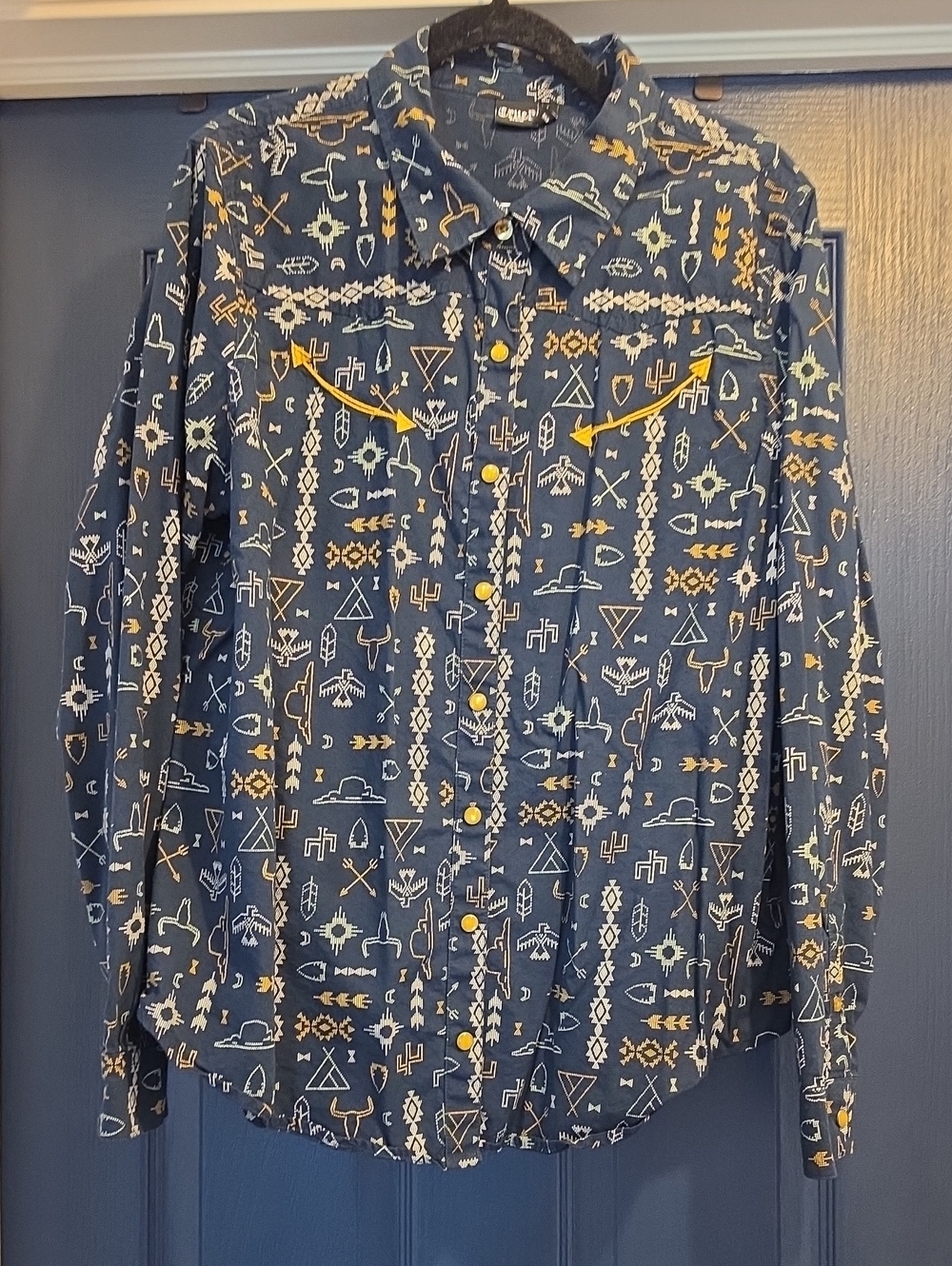 Cruel Girl Women's XL Casual Navy Western-Print Button-Down Shirt w/Yellow Embro